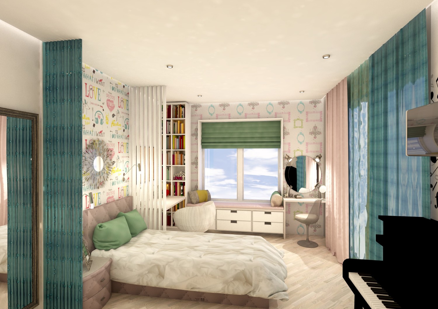спальня для девочки, розовые оттенки, обои с рисунком
